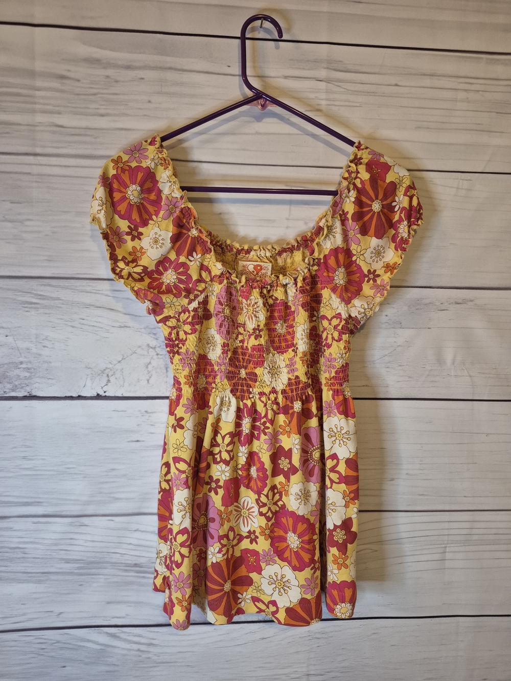 Lucky Brand Y2K Yellow & Pink Smocked Top Peasant Shirt